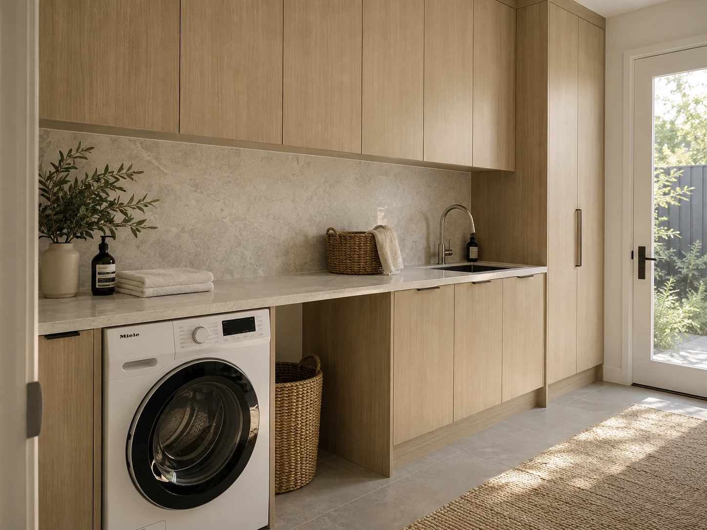 Natural oak laundry cabinetry with a washing machine, hamper space and long worktop